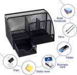 Neudeco Desk Organizers and Accessories, Office Supplies Mesh Desk Organizer Caddy with Drawer 6 Compartments + Pen Holder / 72 Paper Clips Binder Clips Set, Black Desktop Organizer for Home Office - Image 2